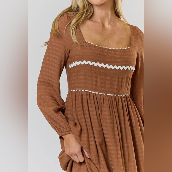NWT Square neckline long sleeve striped mocha midi dress small medium large - Picture 2 of 6